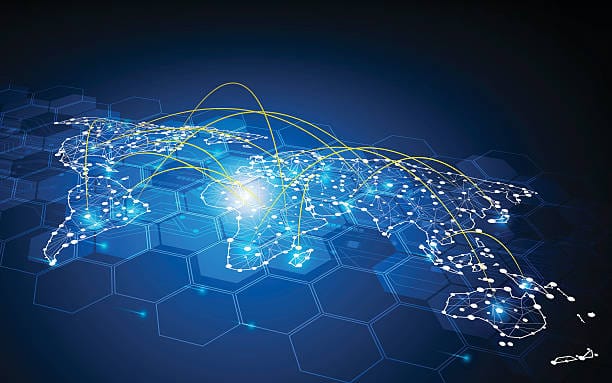 global, globe, abstract, world map, map, traffic, banwidth, transport, shipping, worldwide, access, data, digital, communication, telecoms, network, networking, loading, sending, design, tech, hi tech, technology, sci fi, line, linear, connection, point, geometric, flare, hexagons, circuit, electric, electronic, microchip, pattern, concept, vector, illustration, space, composition, blue, power, energy, spark, movement, motion